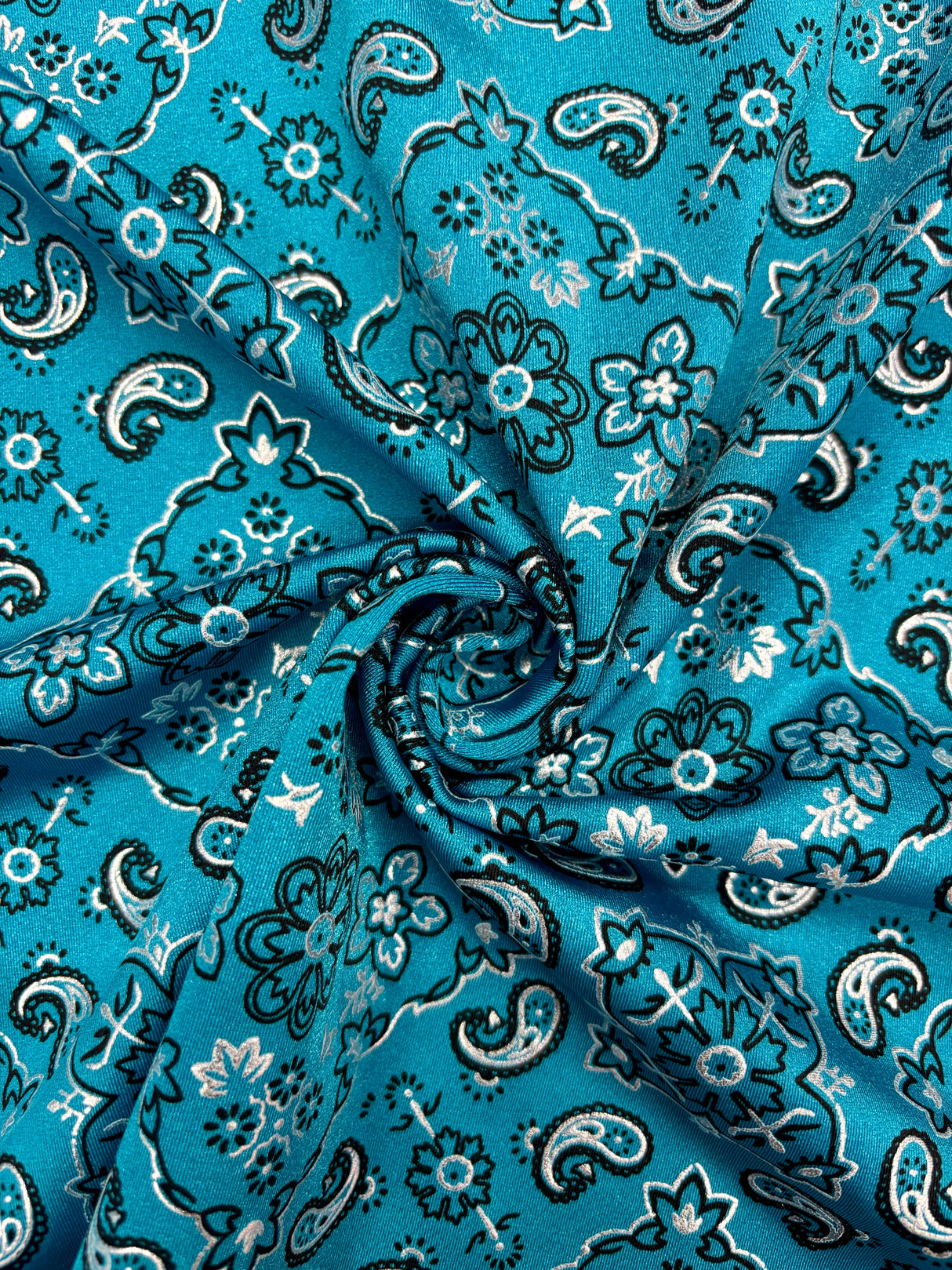 Teal Paisley Polyester Spandex Fabric - Teal Paisley Print, 58"/60" Width (1 Yard)