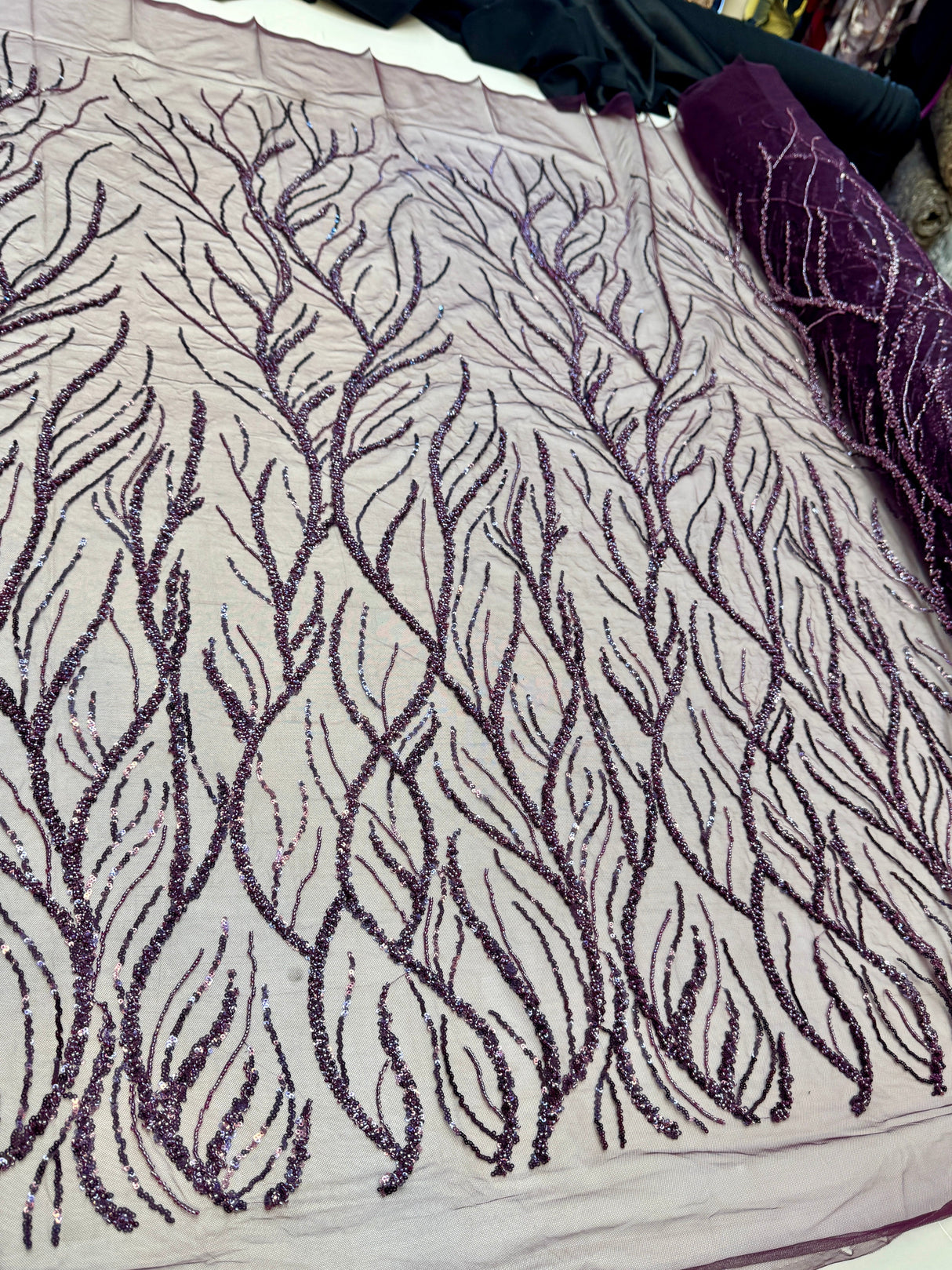 Beaded Sequin Lace on Mesh Lavender