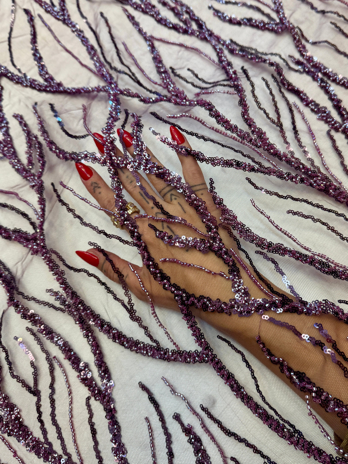 Beaded Sequin Lace on Mesh Lavender