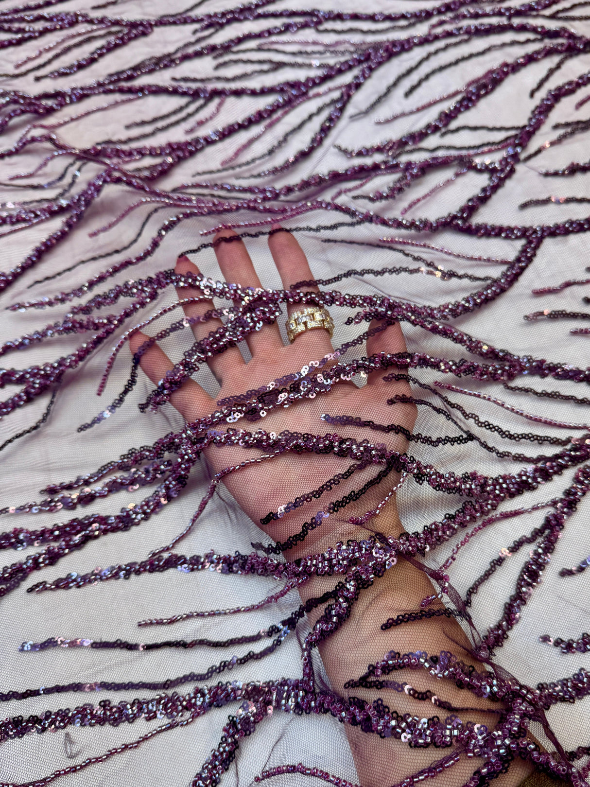 Beaded Sequin Lace on Mesh Lavender