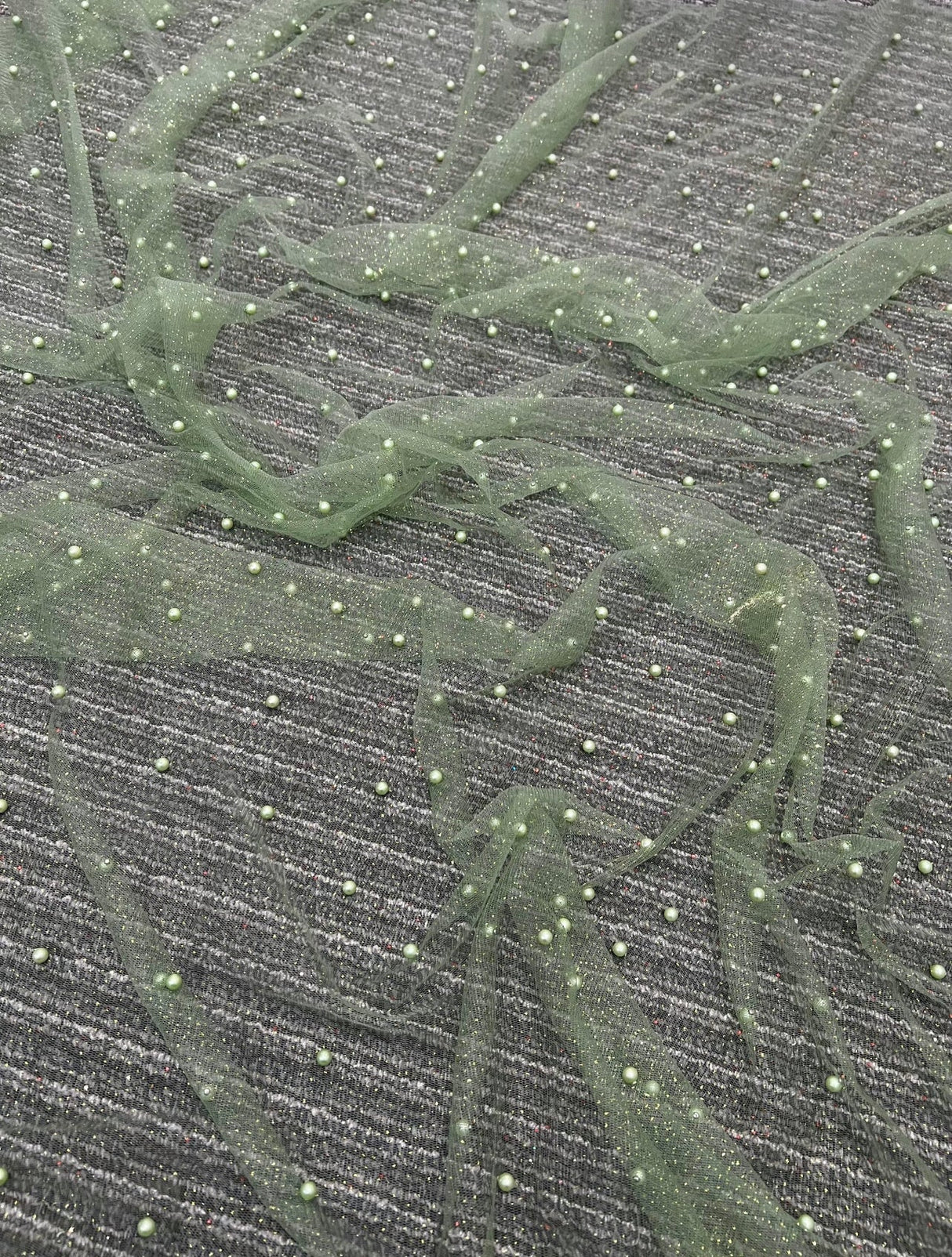 Pearl Beaded Tulle Mesh in Light Green