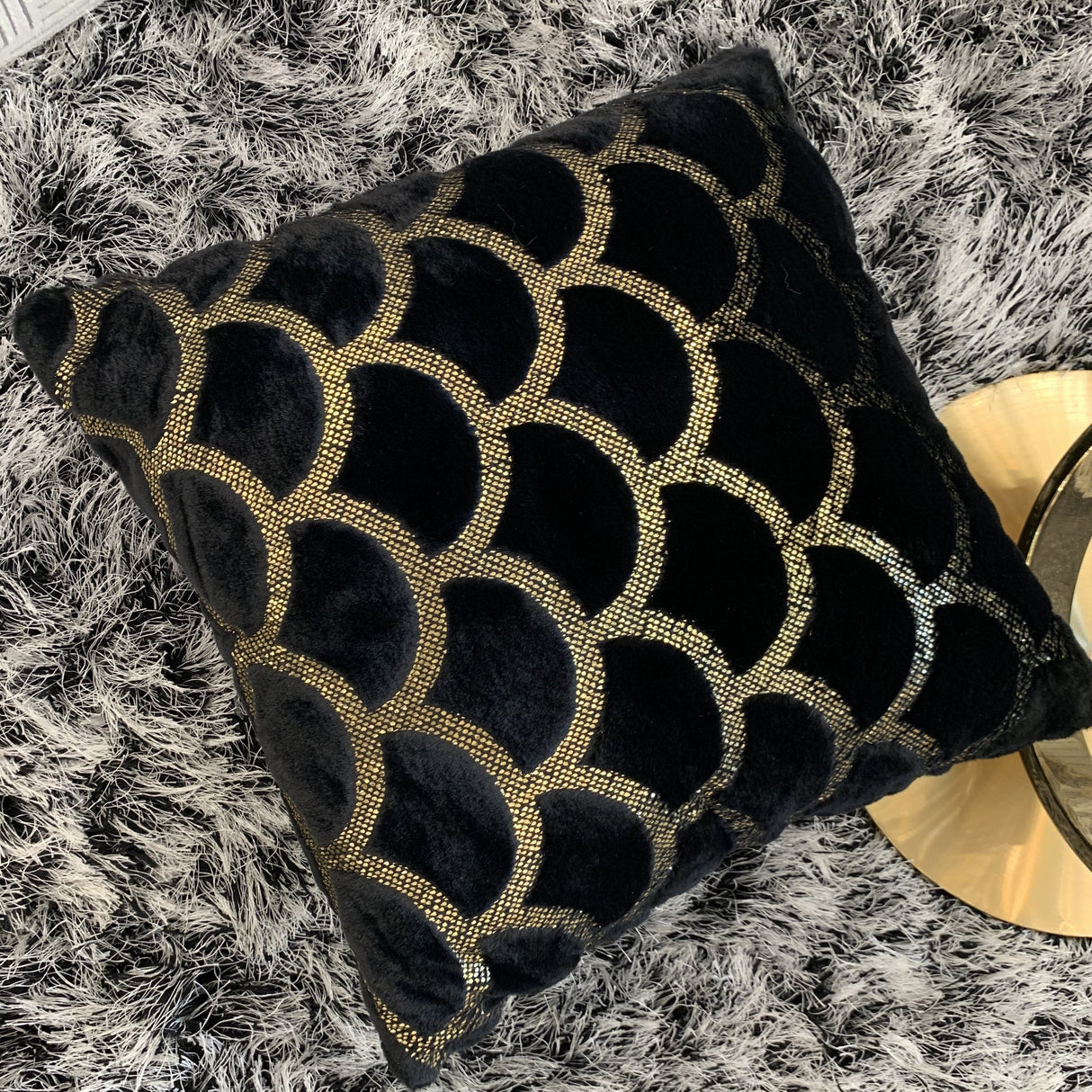 Golden Faux Fur Glow Fluffy Pillow Polyester Fabric - Black Moon With Gold Foil, 20" X 20" (1 Pillow)