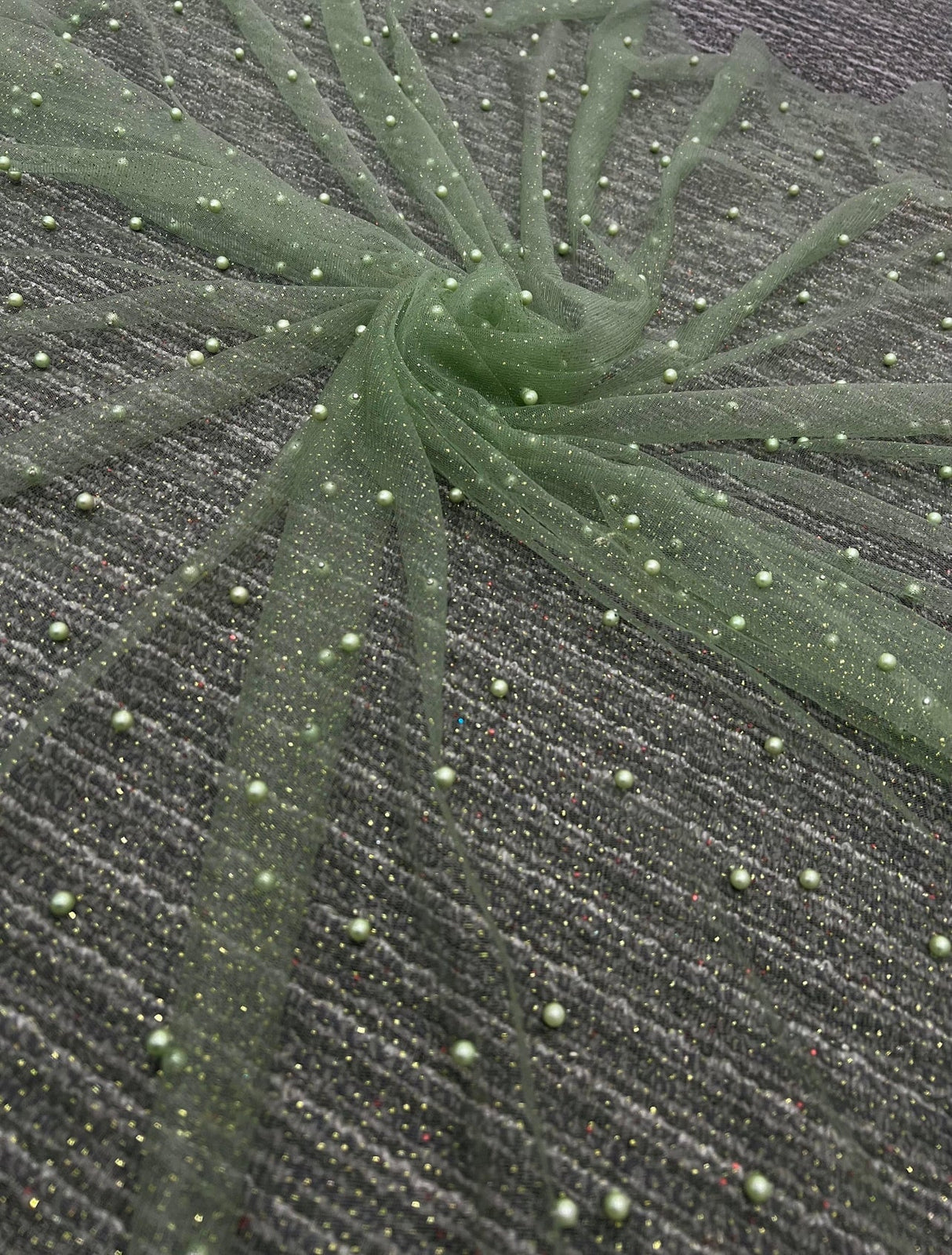 Pearl Beaded Tulle Mesh in Light Green
