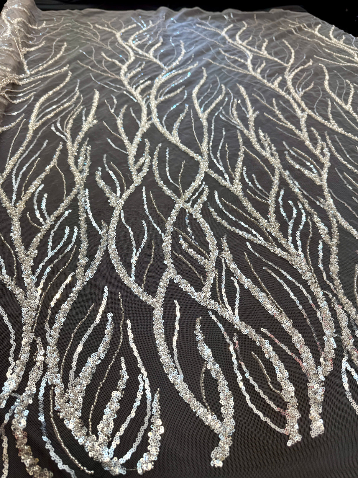 Beaded Sequin Lace on Mesh Silver