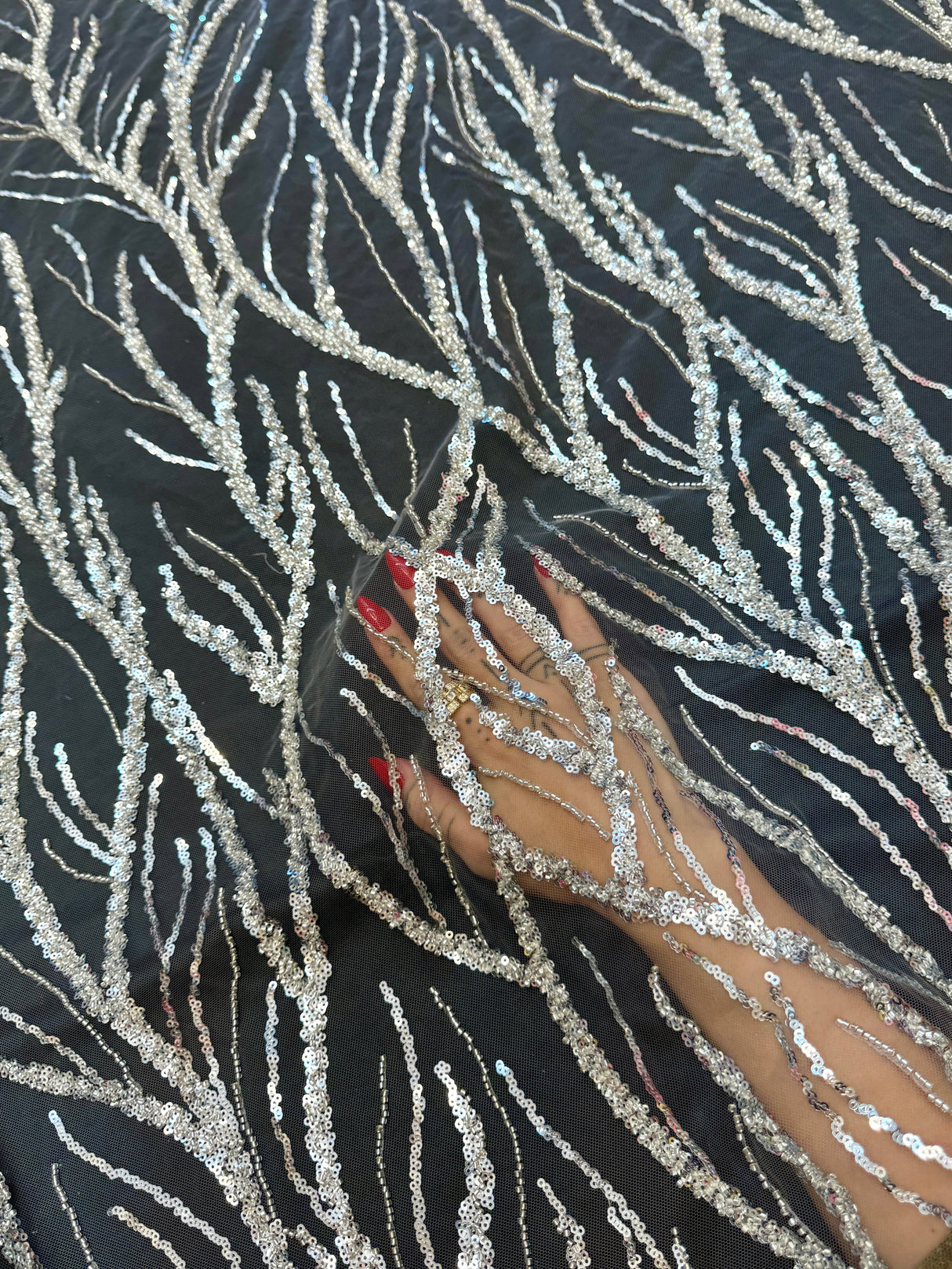 Beaded Sequin Lace on Mesh Silver