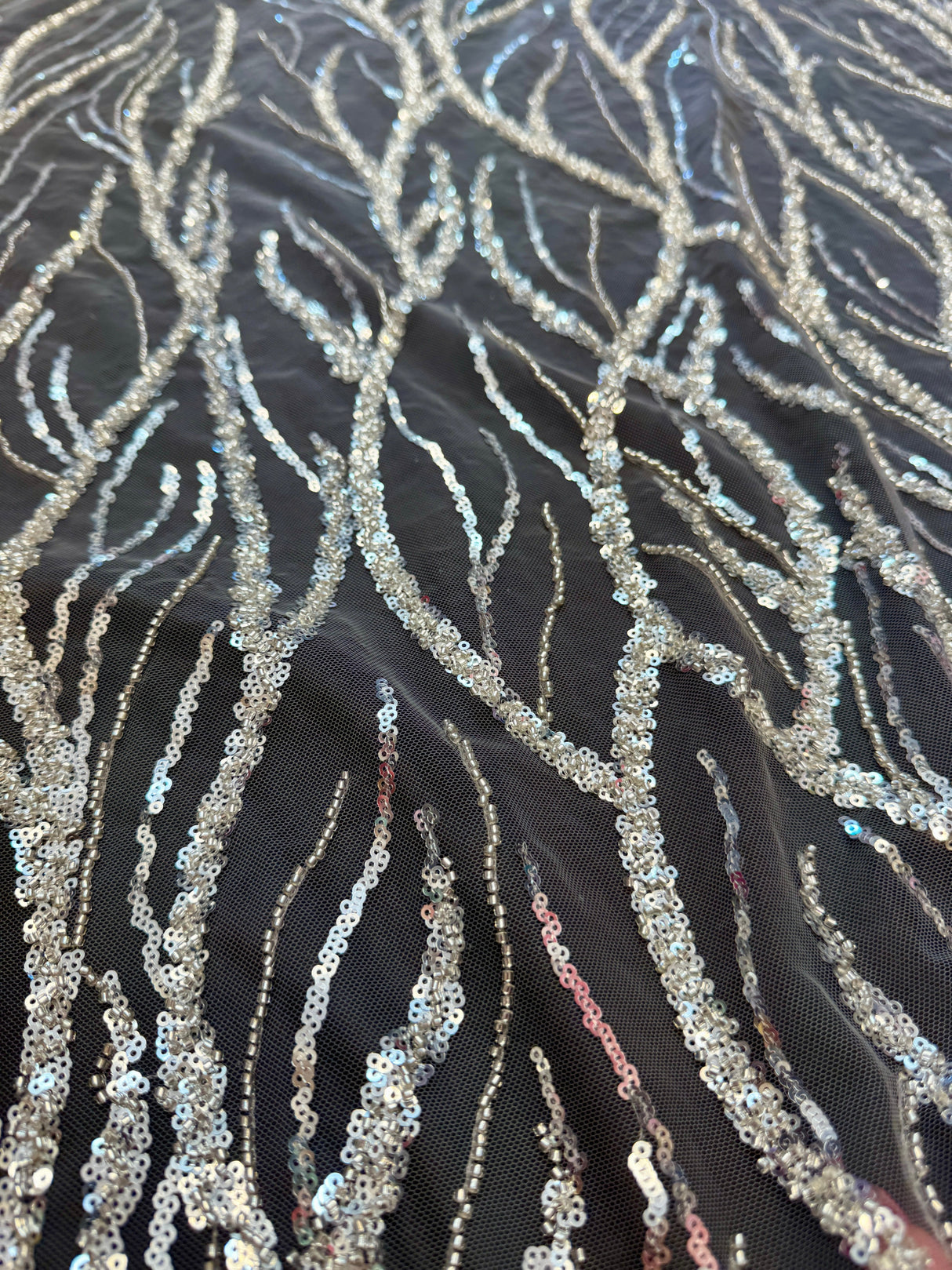 Beaded Sequin Lace on Mesh Silver
