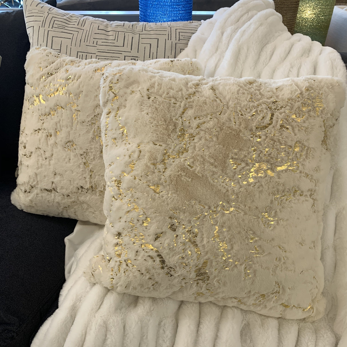 Golden Faux Fur Glow Fluffy Pillow Polyester Fabric - Black Moon With Gold Foil, 20" X 20" (1 Pillow)