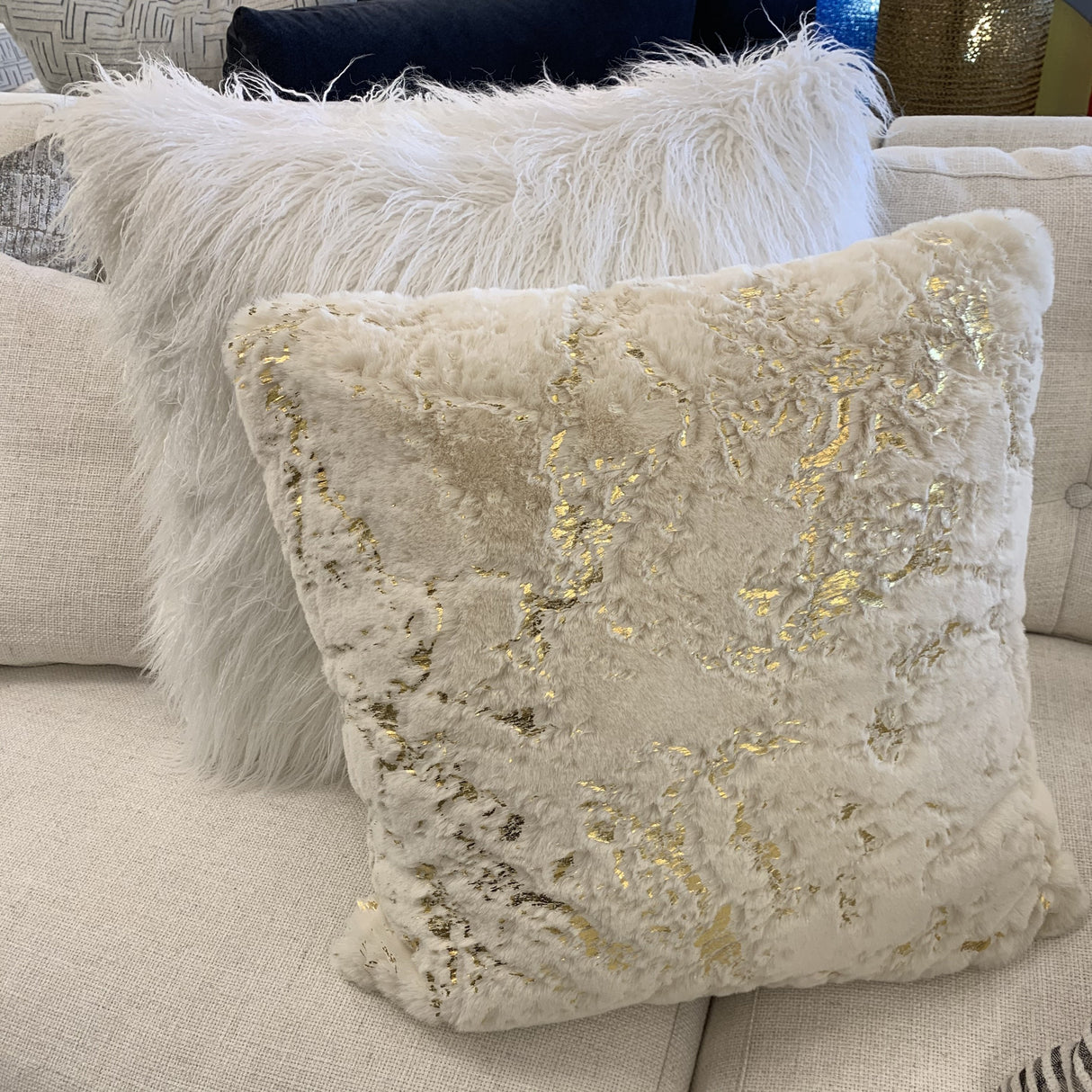 Golden Faux Fur Glow Fluffy Pillow Polyester Fabric - Black Moon With Gold Foil, 20" X 20" (1 Pillow)
