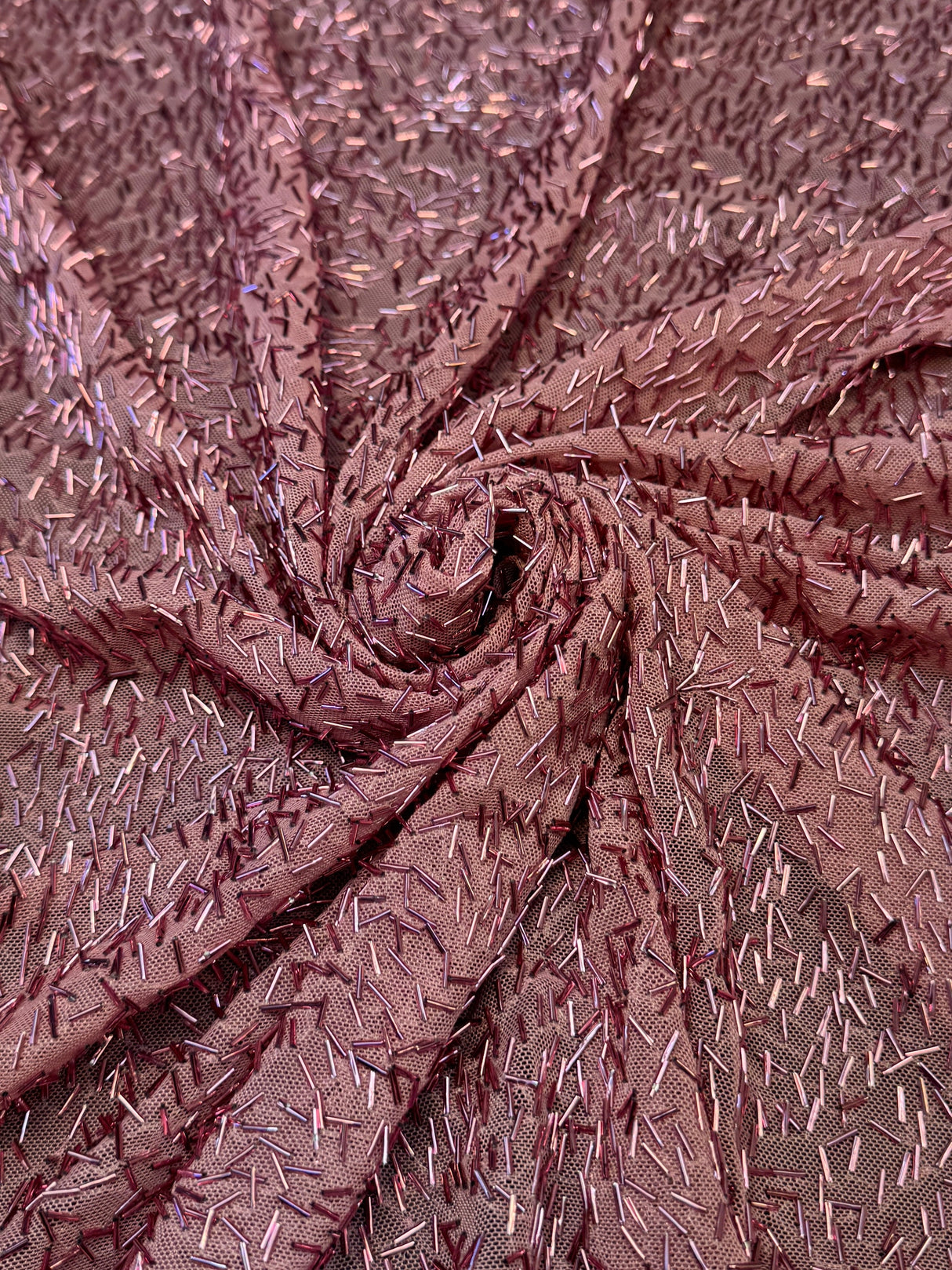 Stretch Bugle Beaded Mesh Dusty Rose