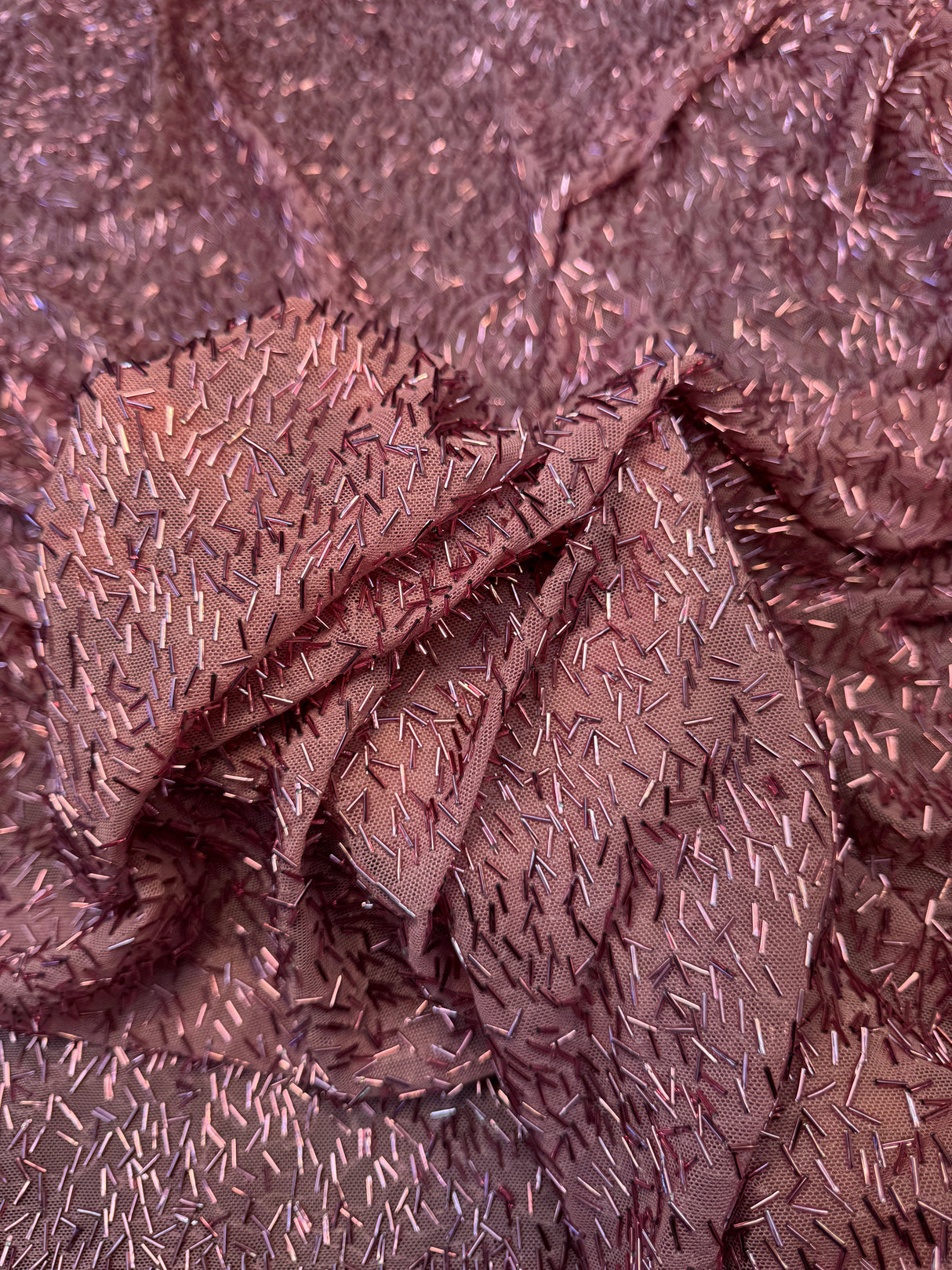 Stretch Bugle Beaded Mesh Dusty Rose