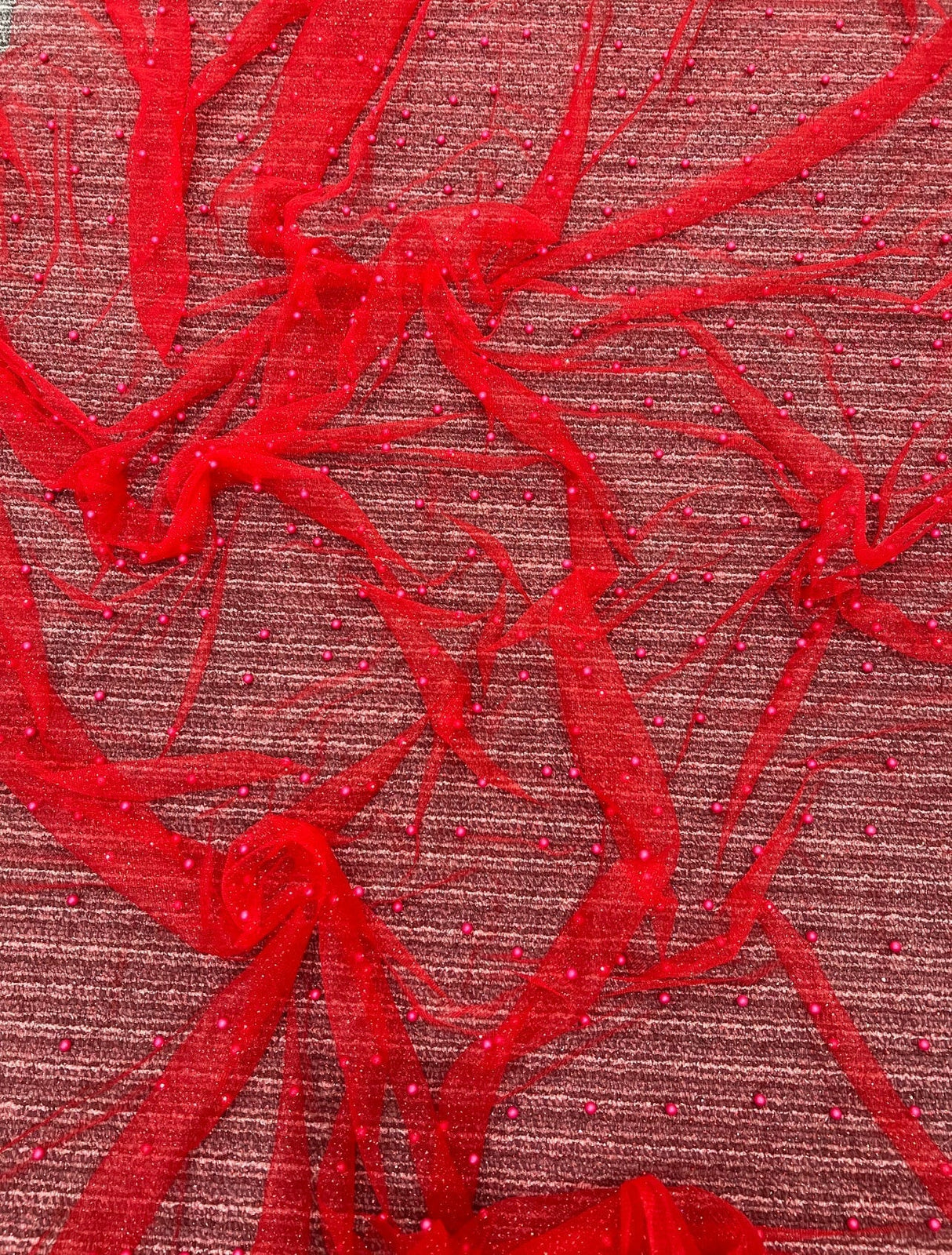 Beaded Pearl Tulle Mesh Red