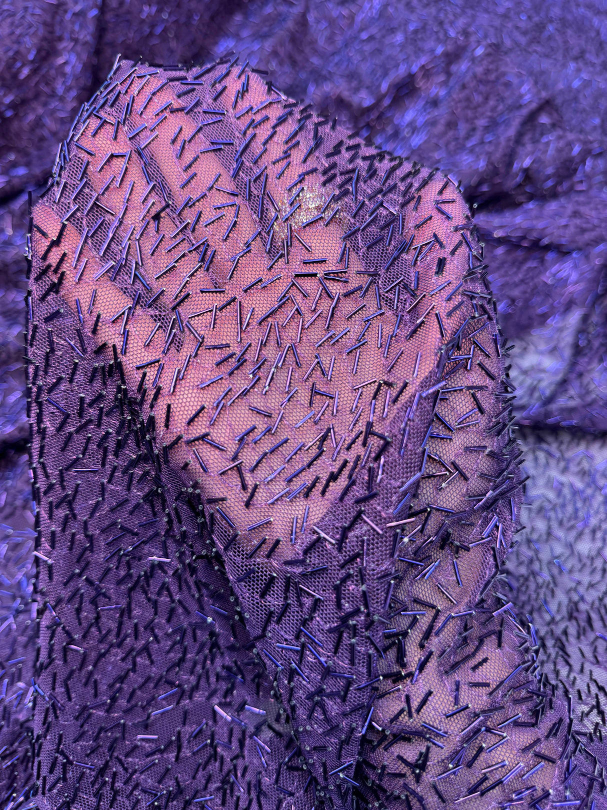 Stretch Bugle Beaded Power Mesh Purple