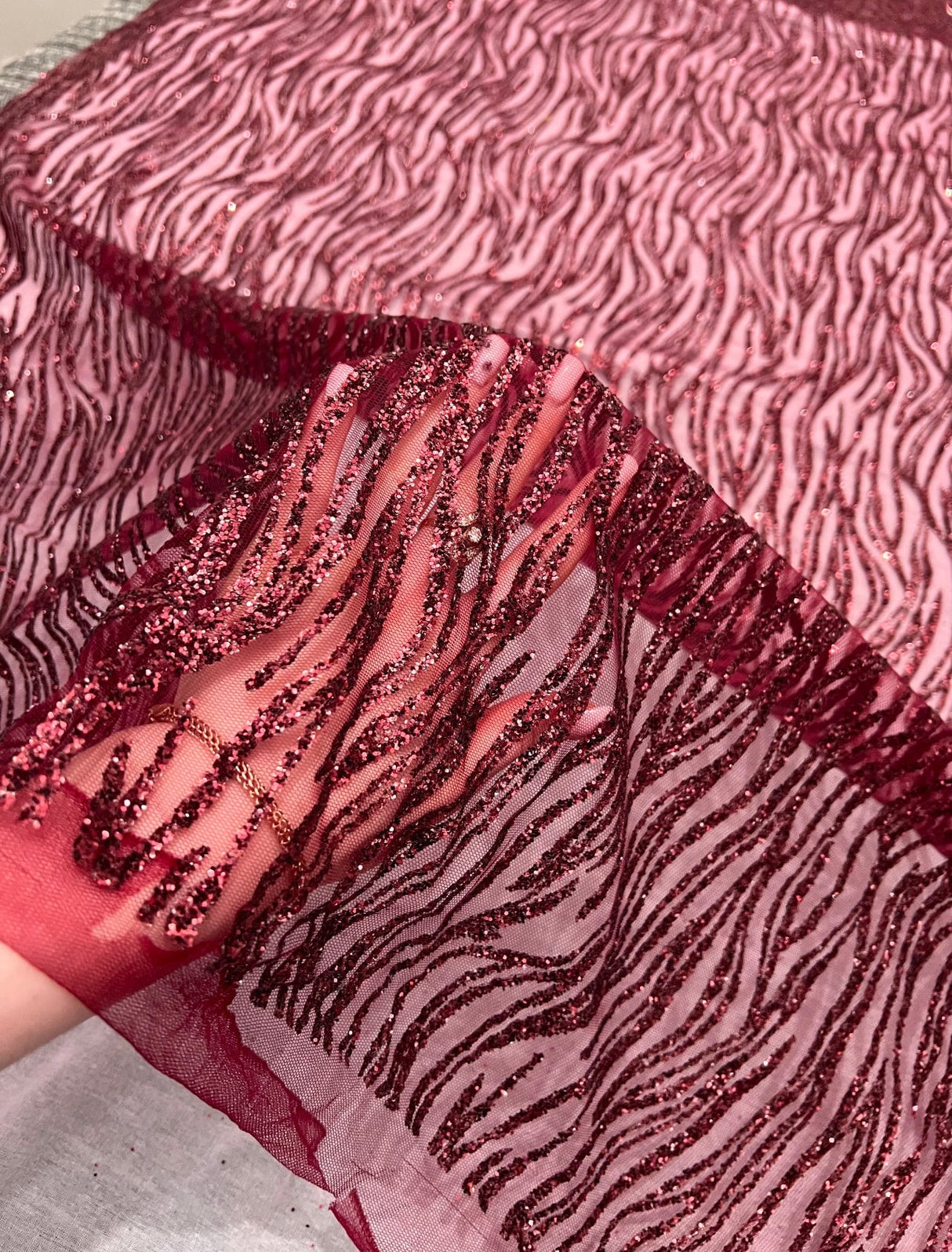 Glitter Lace on Mesh Burgundy