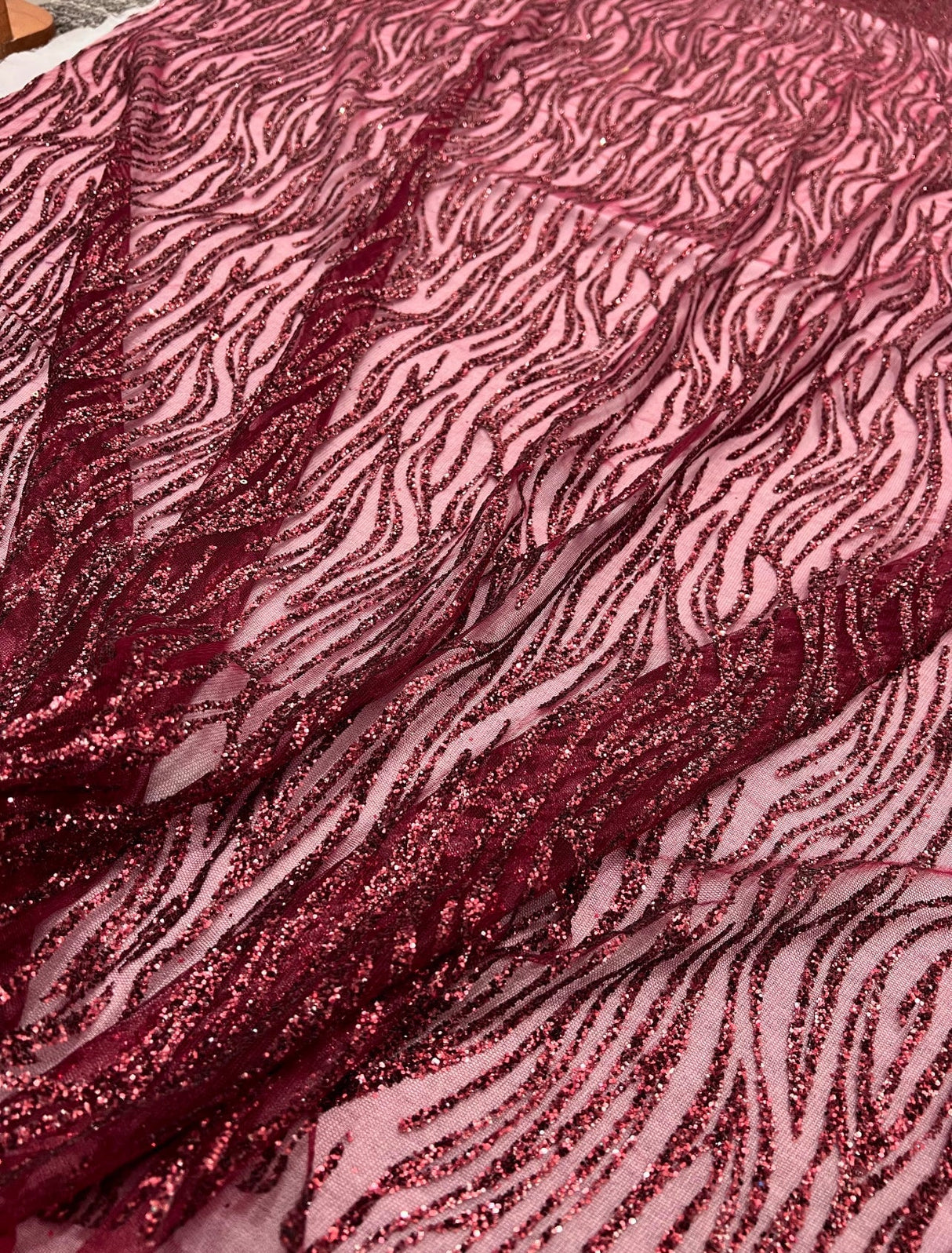Glitter Lace on Mesh Burgundy