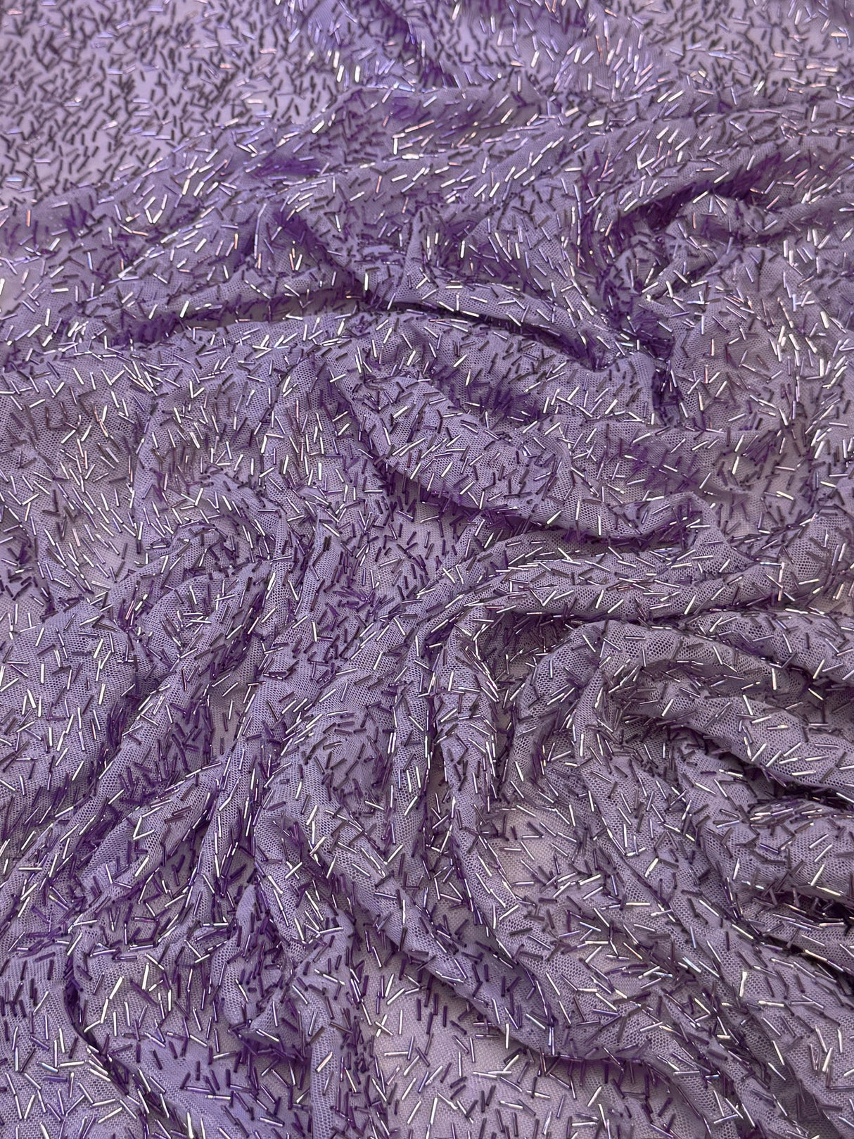 Lavender Bugle Beaded Stretch Mesh