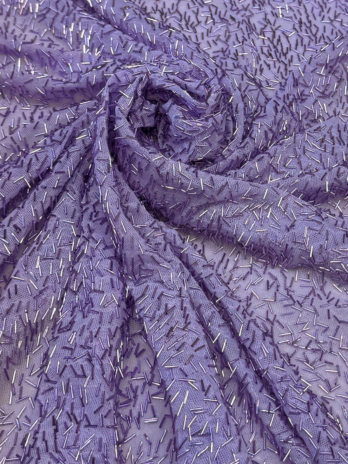 Lavender Bugle Beaded Stretch Mesh