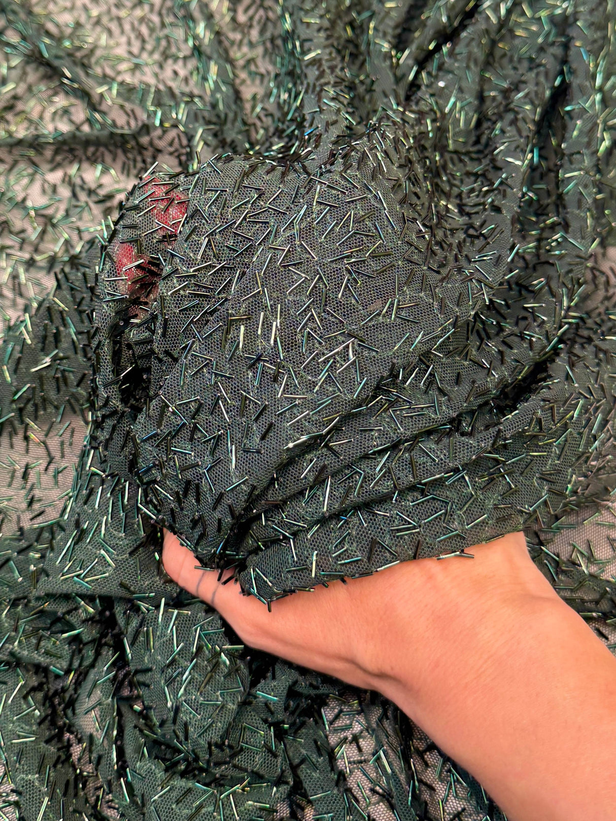 Stretch Bugle Beaded Power Mesh Hunter Green