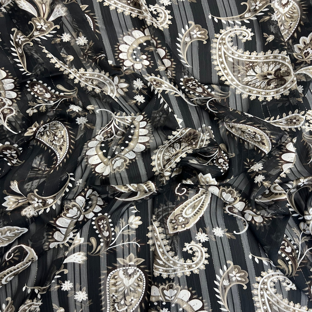 Paisley Print Metallic Stripe Chiffon Fabric - Aqua Paisley Print With Metallic Stripes, 57" Width (1 Yard)