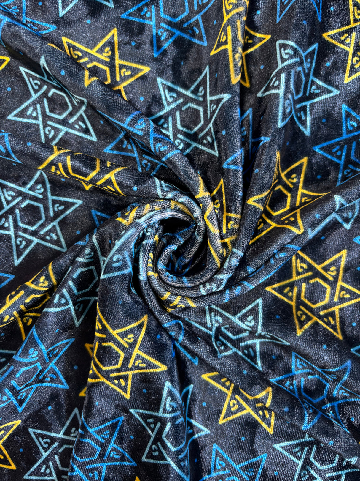 Star Of David Crushed Velvet Fabric - Blue Star Of David Print, 36" Width (1 Yard)