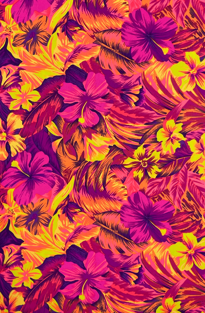 Restocked Nylon Spandex Fabric - Neon Tropical Floral Design, Rainbow Multi, Blue Green, Purple Blue, Orange Pink, 58" To 60" Width