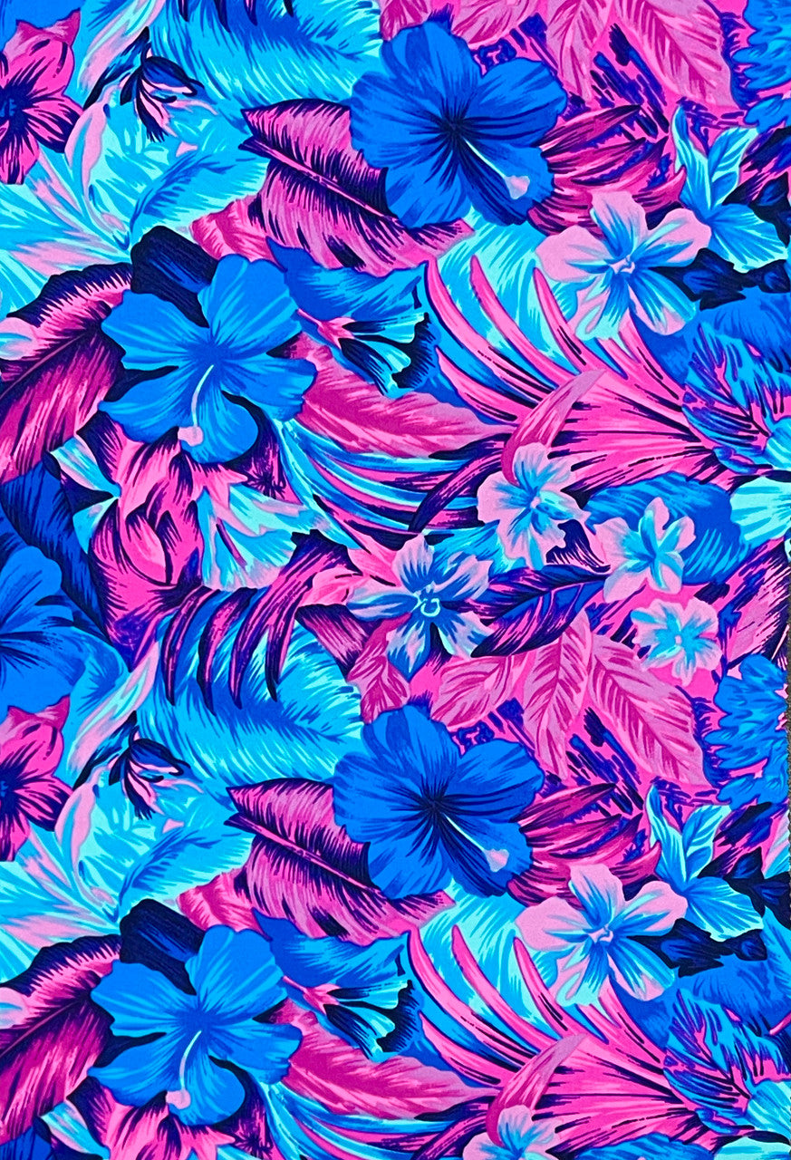 Restocked Nylon Spandex Fabric - Neon Tropical Floral Design, Rainbow Multi, Blue Green, Purple Blue, Orange Pink, 58" To 60" Width
