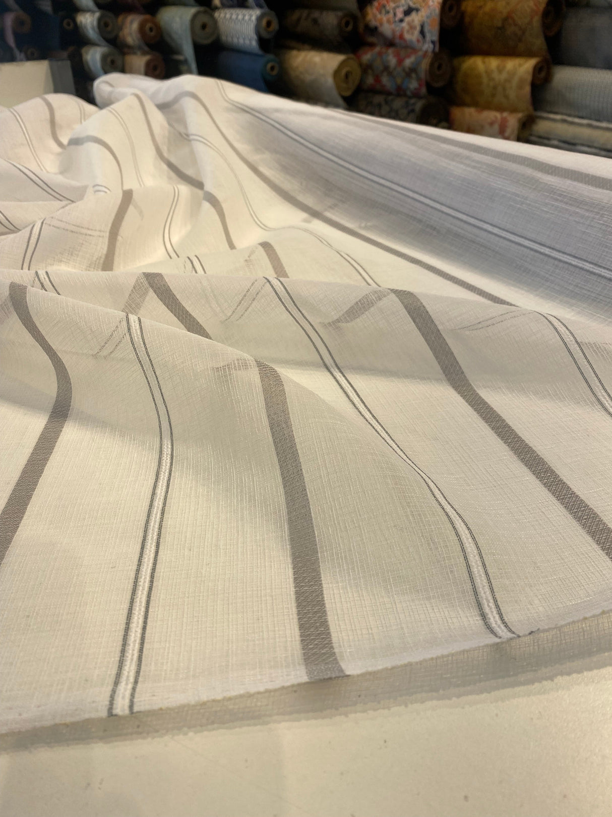 P Kaufmann Glacier White Linen Look Sheer Iznik Stripe Polyester Fabric - White, Stripe, 118" Width (1 Yard)