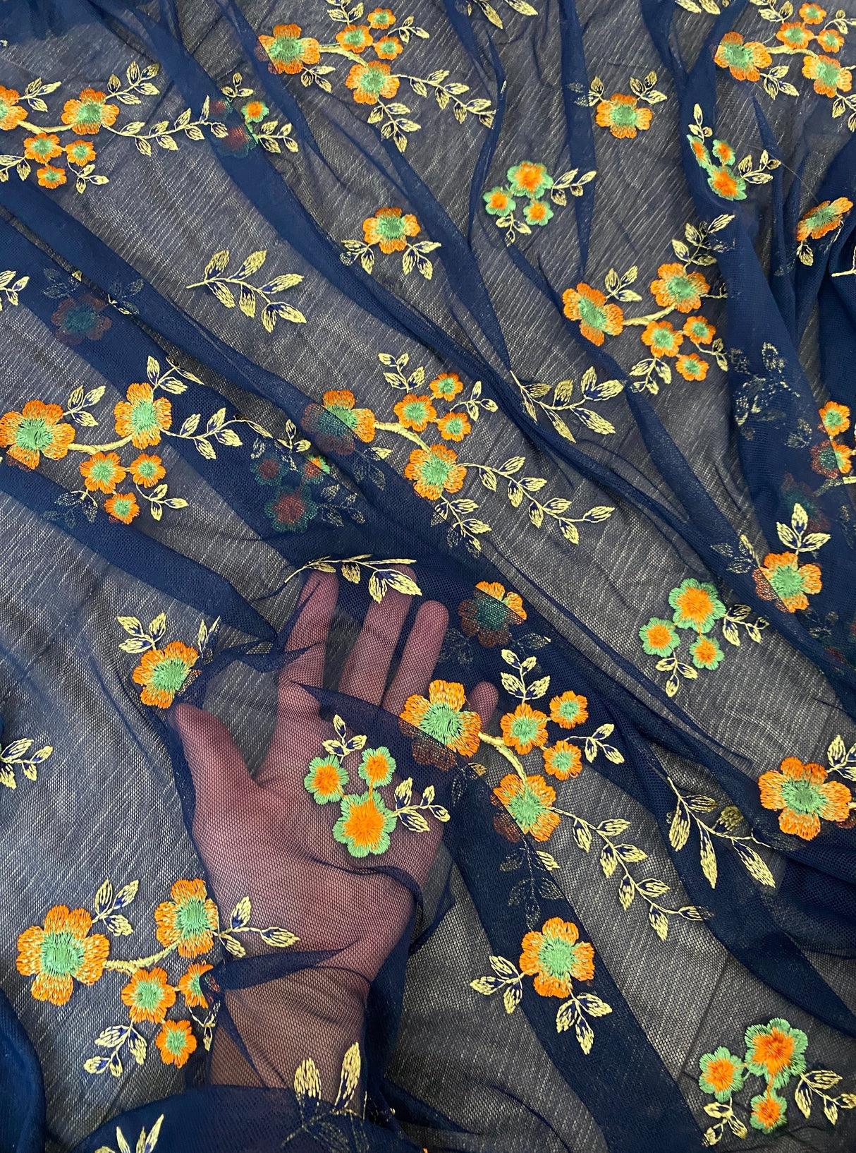 Floral Power Mesh Navy Orange