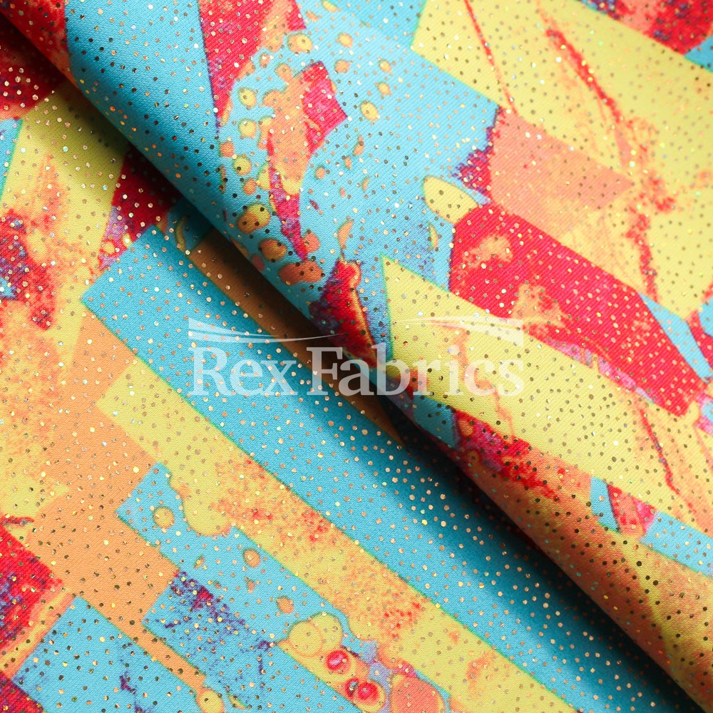 Geo Pop Foil Polyester Spandex Fabric - Multi-Color Geometric Foil, 58/60" Width, 240 GSM, 4-Way Stretch Tricot (1 Yard)