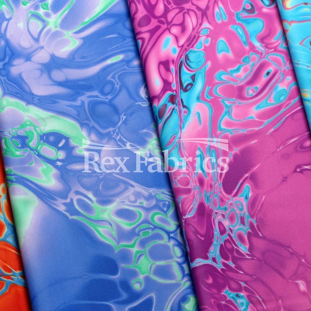 Vapor Wave Polyester Spandex Fabric - Teal, Fuchsia, Purple/Green, Orange Marble Pattern, 58/60" Width (1 Yard)