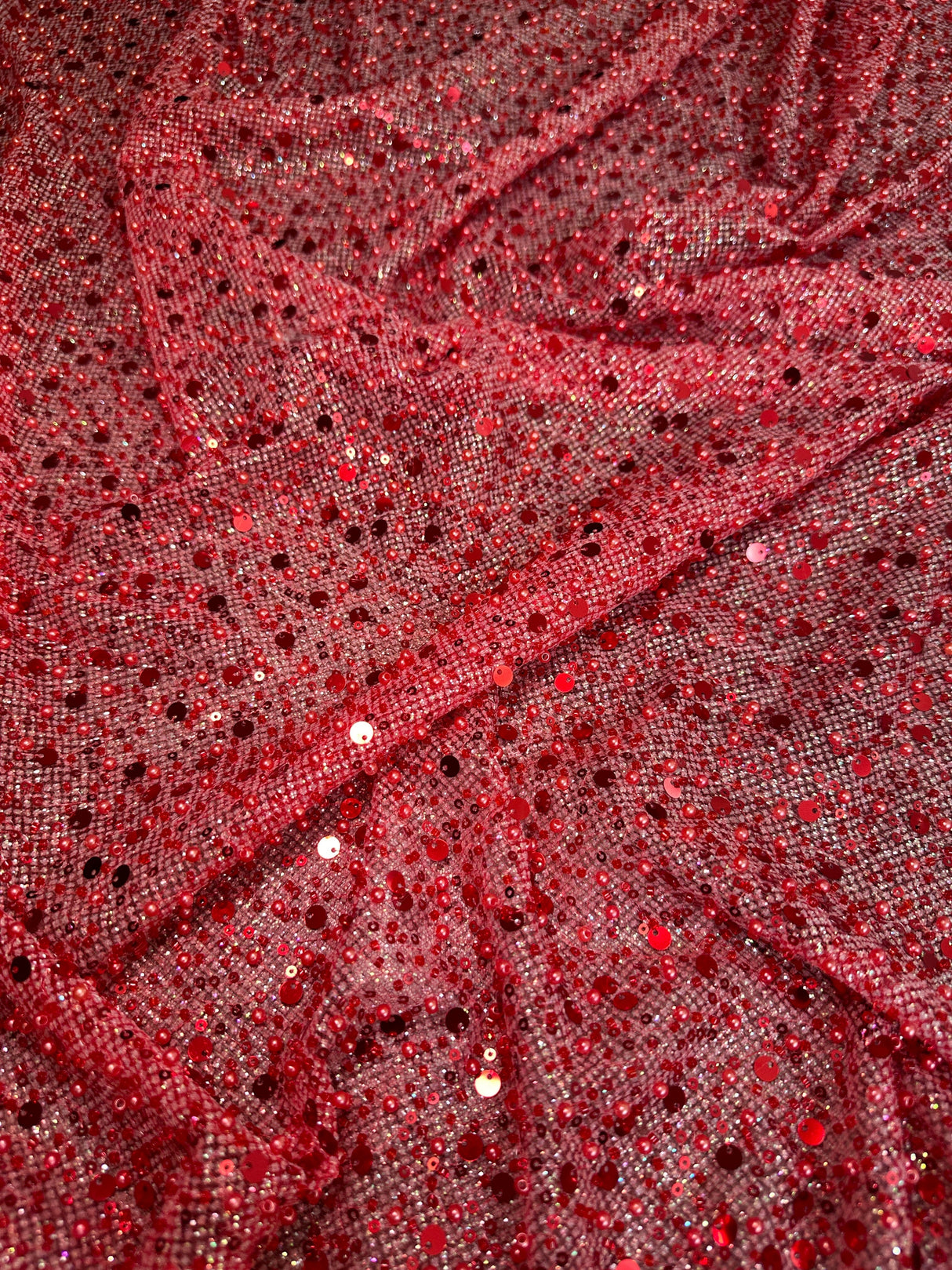 Red Sequin Pearl Beaded Mesh