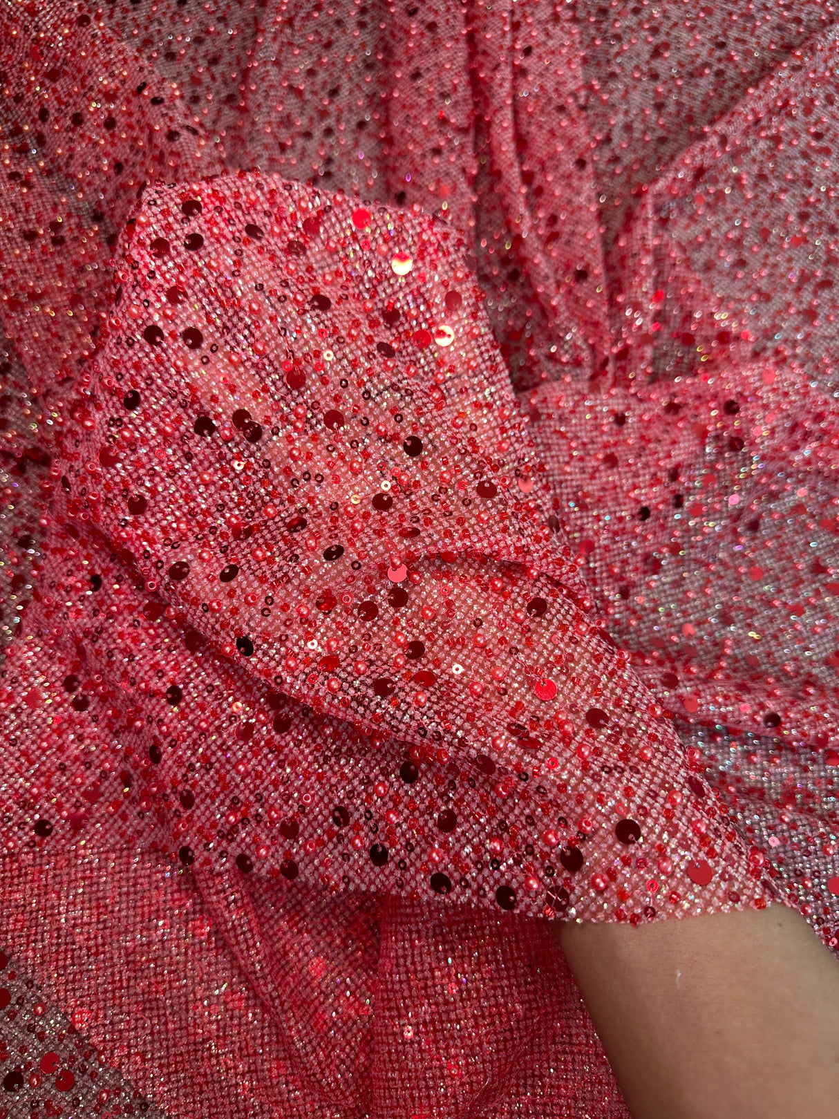 Red Sequin Pearl Beaded Mesh