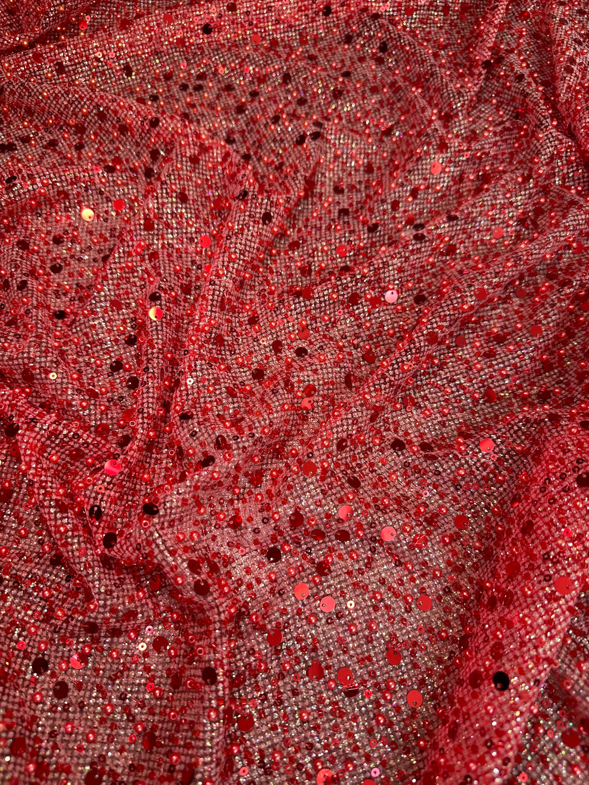 Red Sequin Pearl Beaded Mesh