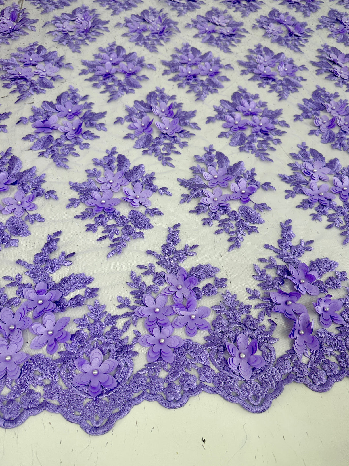 3D Flower Scalloped Mesh Lace Lavender