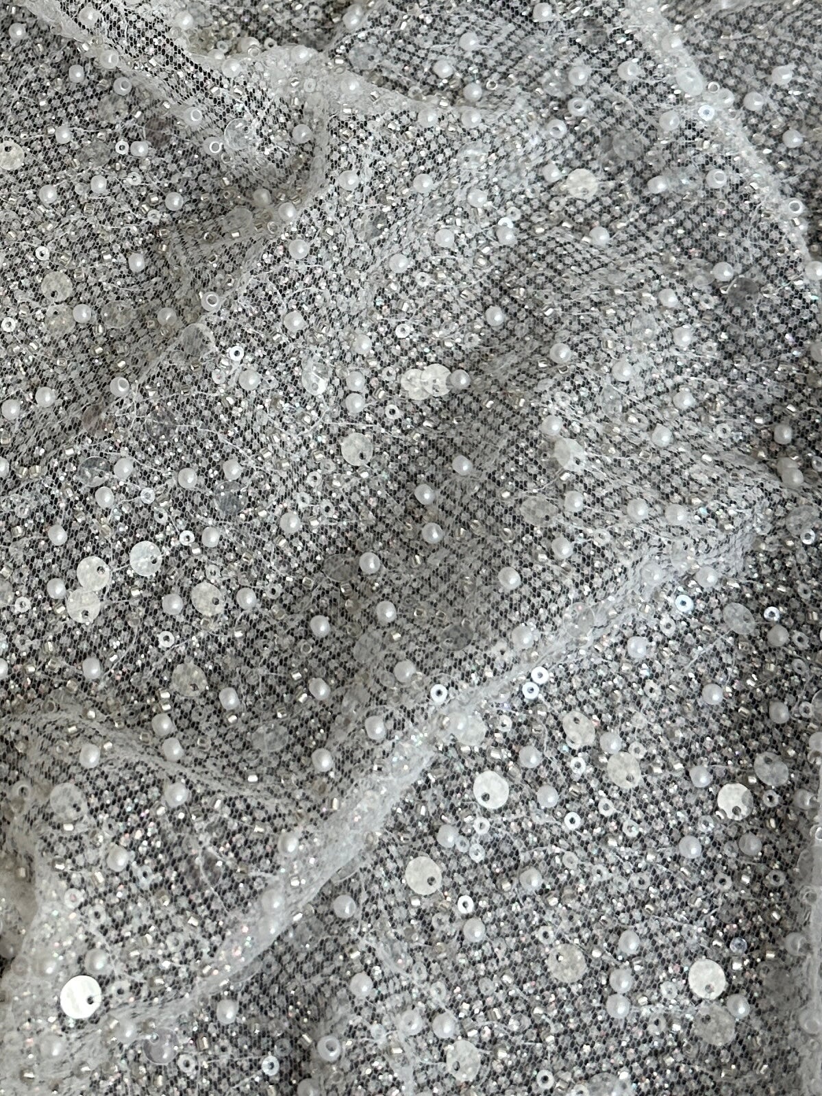 Stretch Sequin Pearl Beaded Mesh Off White