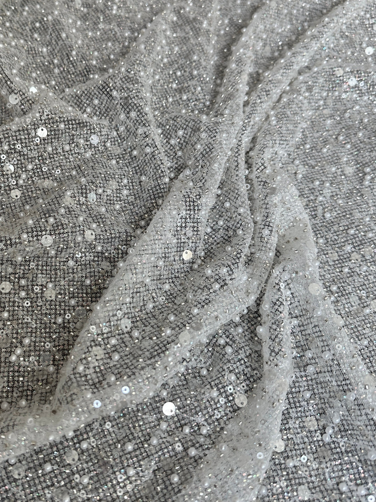 Stretch Sequin Pearl Beaded Mesh Off White