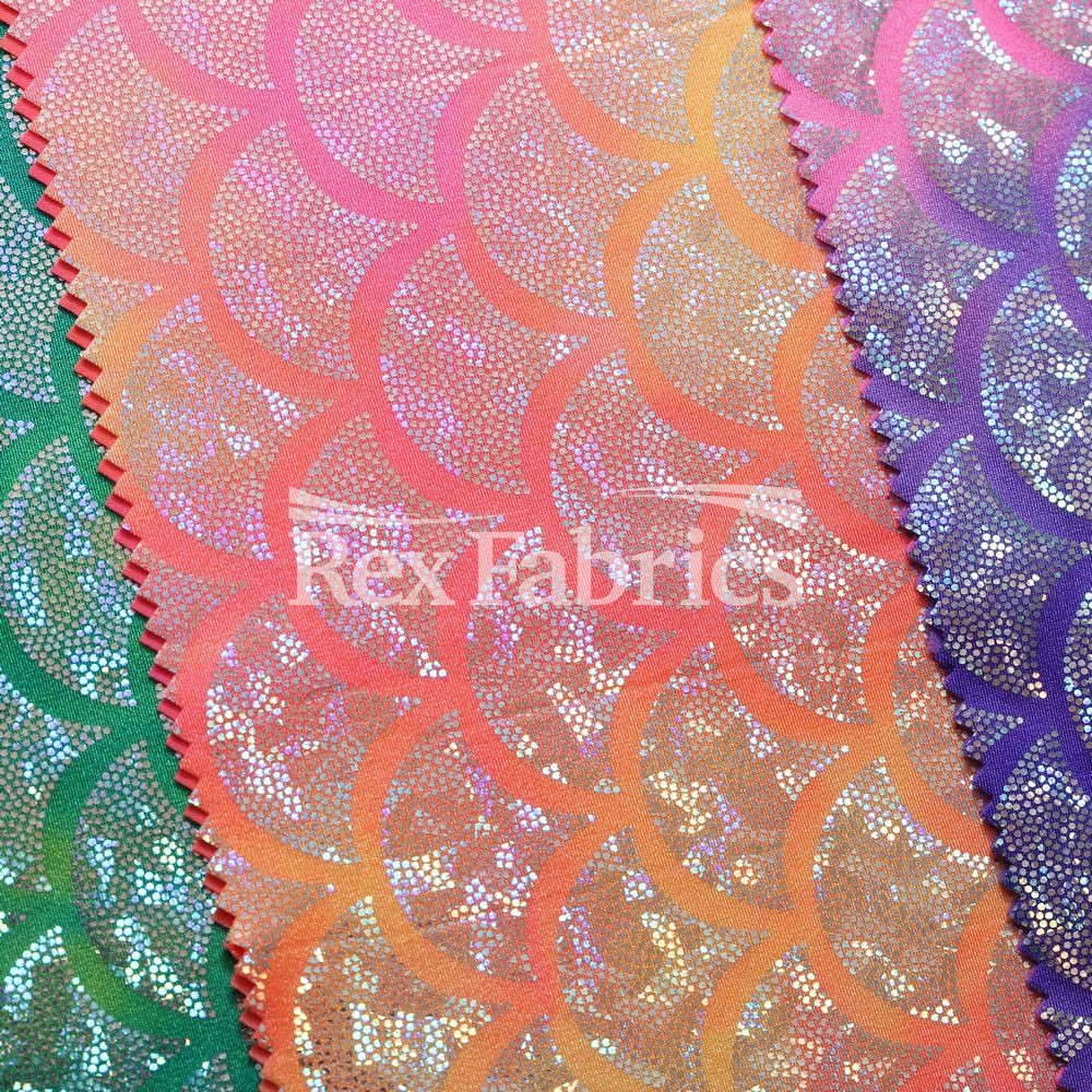 Tie Dye Monster Mermaid Nylon Spandex Fabric - Pink/Orange, Purple/Pink, Turquoise/Lime Hologram Fish Scale, 58/60" Width (1 Yard)