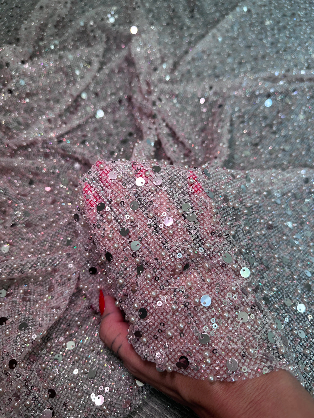 Stretch Sequin Pearl Beaded Mesh Mauve