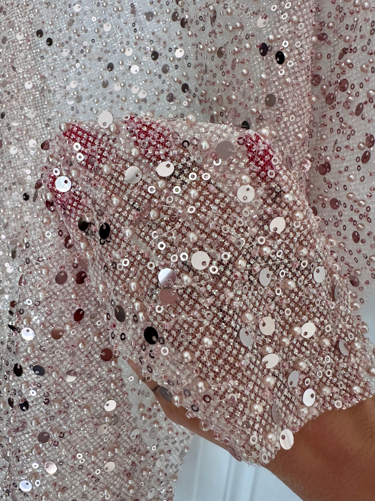 Stretch Sequin Pearl Beaded Mesh Blush Pink