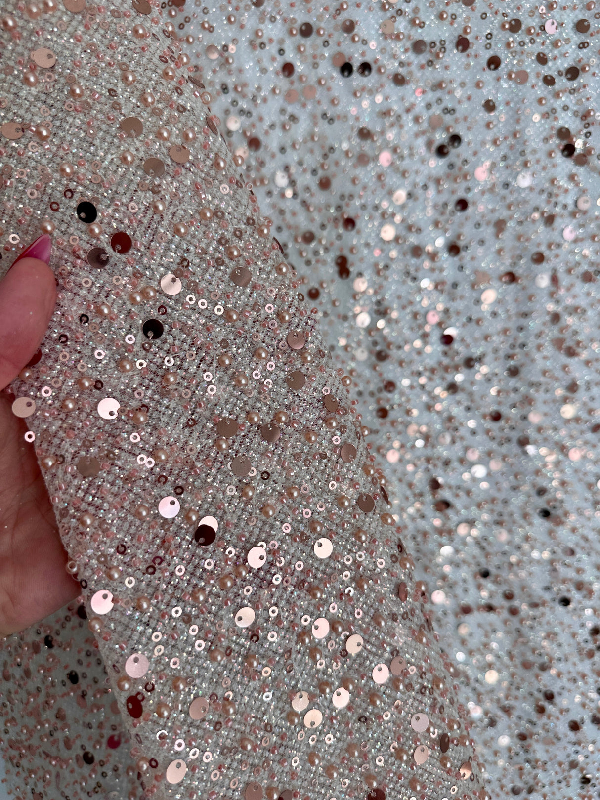 Stretch Sequin Pearl Beaded Mesh Blush Pink