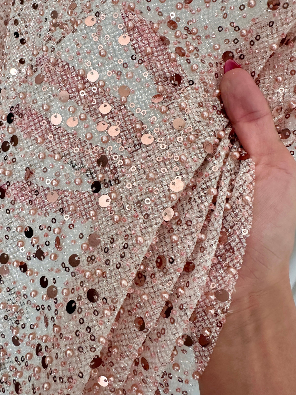 Stretch Sequin Pearl Beaded Mesh Blush Pink