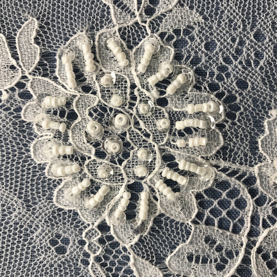 3 Yards Beaded Chantilly Embroidered Lace Fabric with Eyelash Scallop