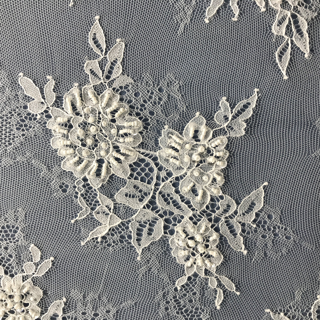 1 Panel Elegant Beaded Chantilly Lace Fabric with Eyelash Scallop for Bridal and Evening Wear – 3 Yards x 58"
