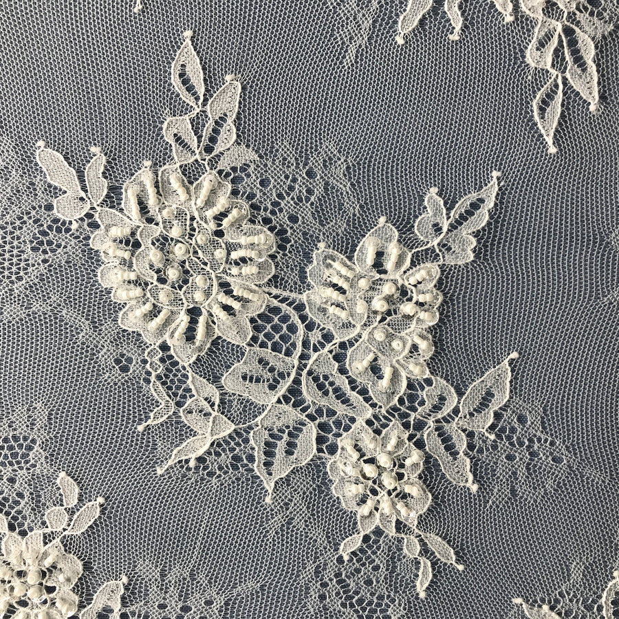 3 Yards Beaded Chantilly Embroidered Lace Fabric with Eyelash Scallop