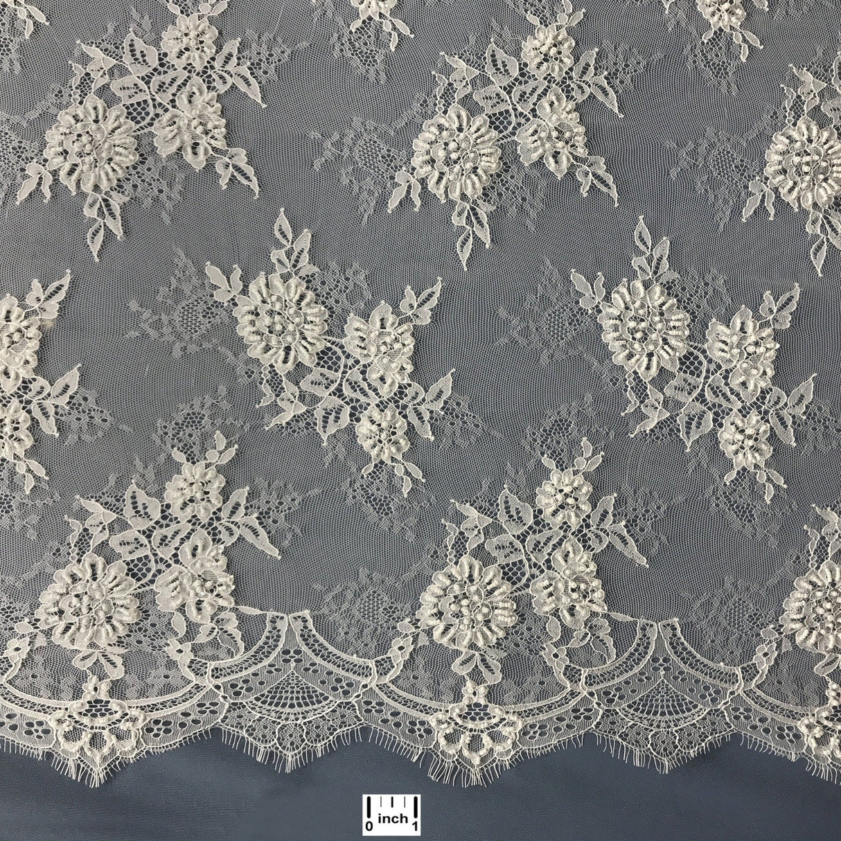 Beaded Chantilly Embroidered Lace Fabric - Eyelash Scallop, Ivory/Off White, 58" Width (3 Yards)