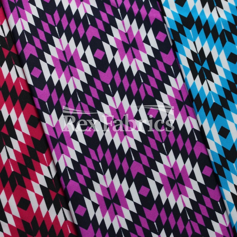 Krystal Nylon Spandex Fabric - 4-Way Stretch, Geometric Diamond Print, Midnight Gypsy/Black Turquoise/Raspberry Black, 58/60" Width (1 Yard)