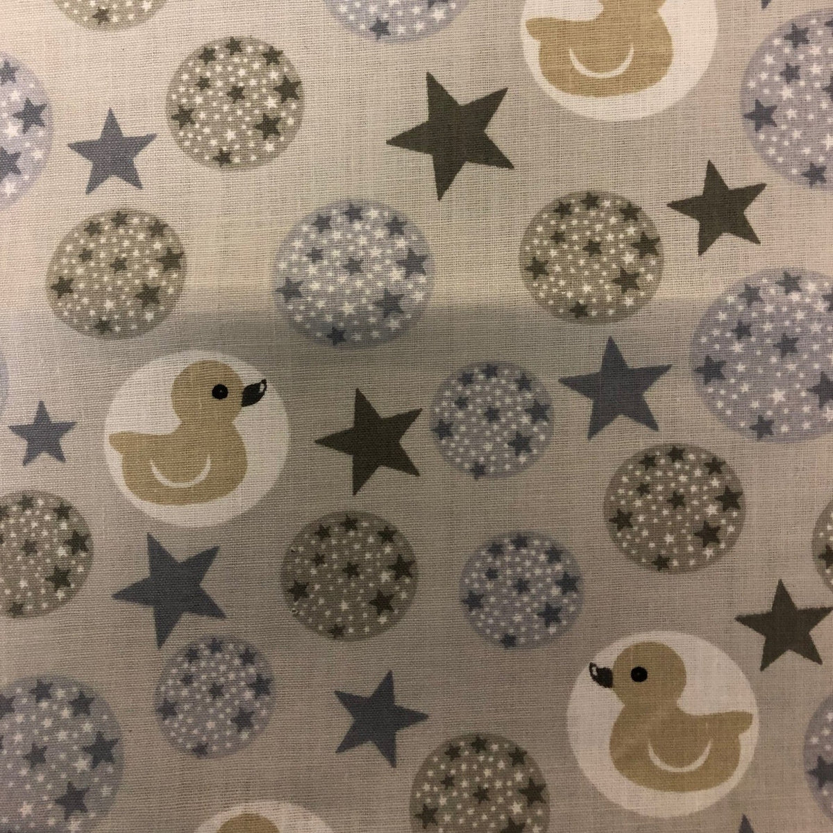 Rubber Ducky and Stars on Gray Poly Cotton Fabric,