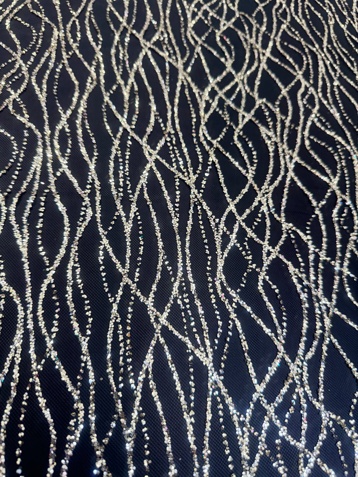 Gold Glitter Lace on Black Mesh