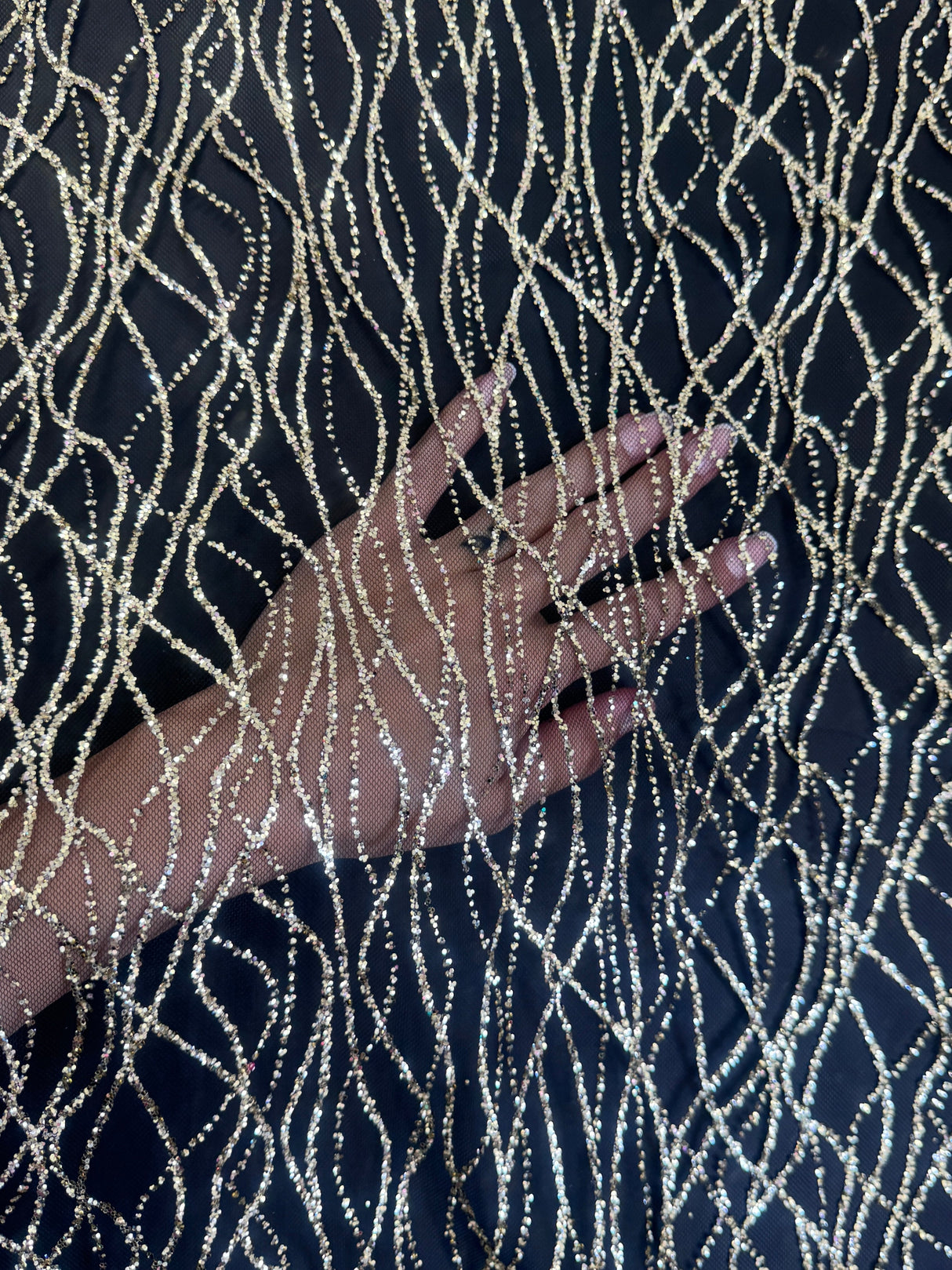 Gold Glitter Lace on Black Mesh