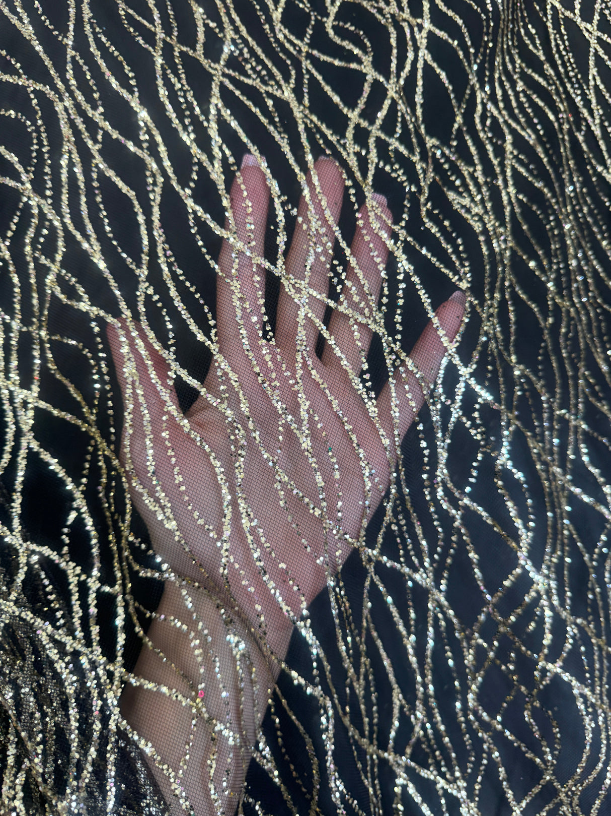 Gold Glitter Lace on Black Mesh
