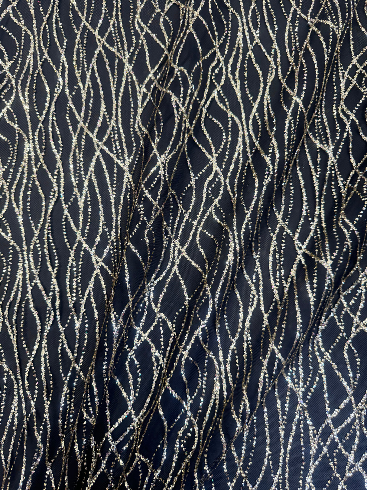 Gold Glitter Lace on Black Mesh
